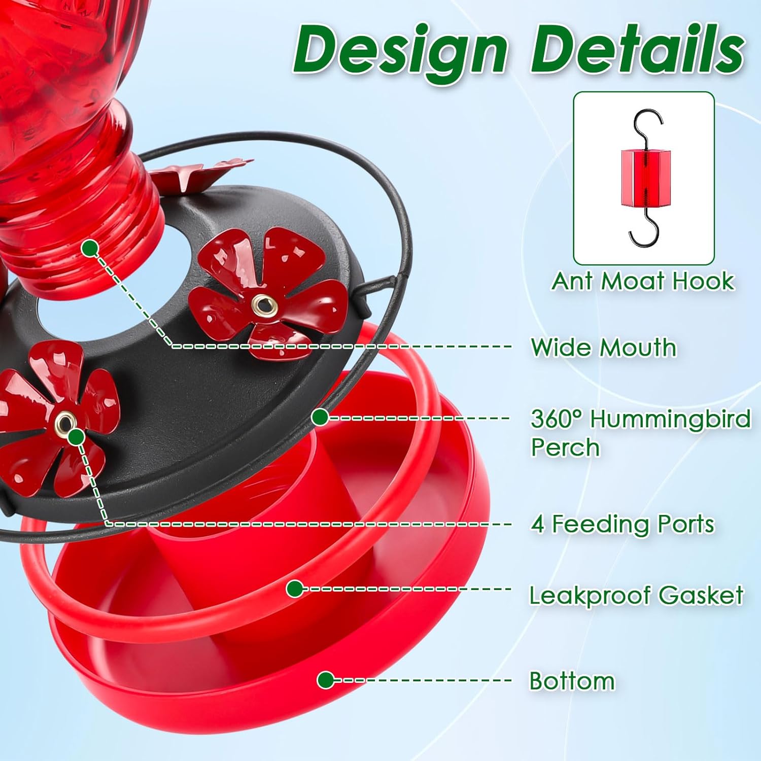 20oz Glass Hummingbird Feeder for Outdoor with Anti-Bee Ports, Red | Attract More Hummingbirds, Durable Glass, Leak-Proof, Easy To Clean, Built In Ant Moat, Bird Lover Gift, Hanging Garden Decor