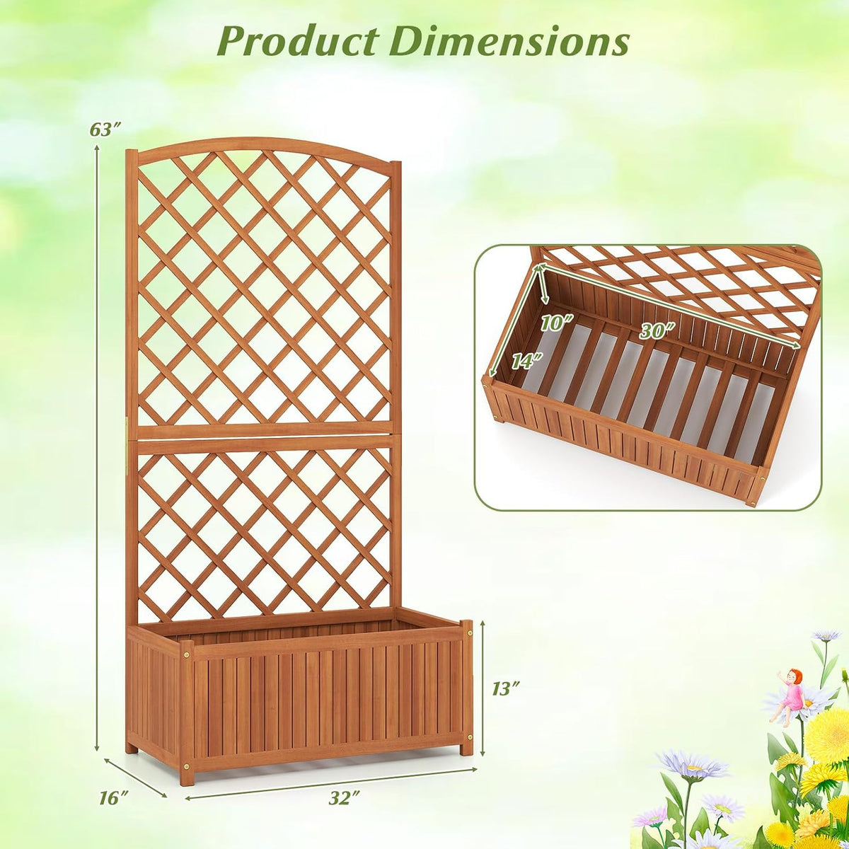 giantex solid acacia wood planter box with trellis, side view