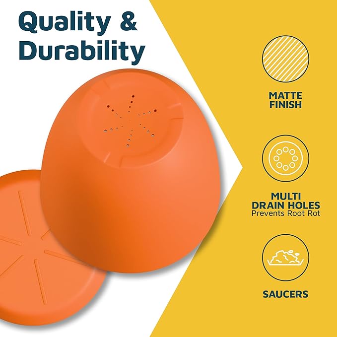 Yellow Plant Pots with Drainage Holes & Saucers 20 Pack, Indoor & Outdoor Stackable Space-Saving Planters for Houseplants & Flowers, (7", 6.7", 6", 5.3", and 4.8" Inches), Durable & Weatherproof