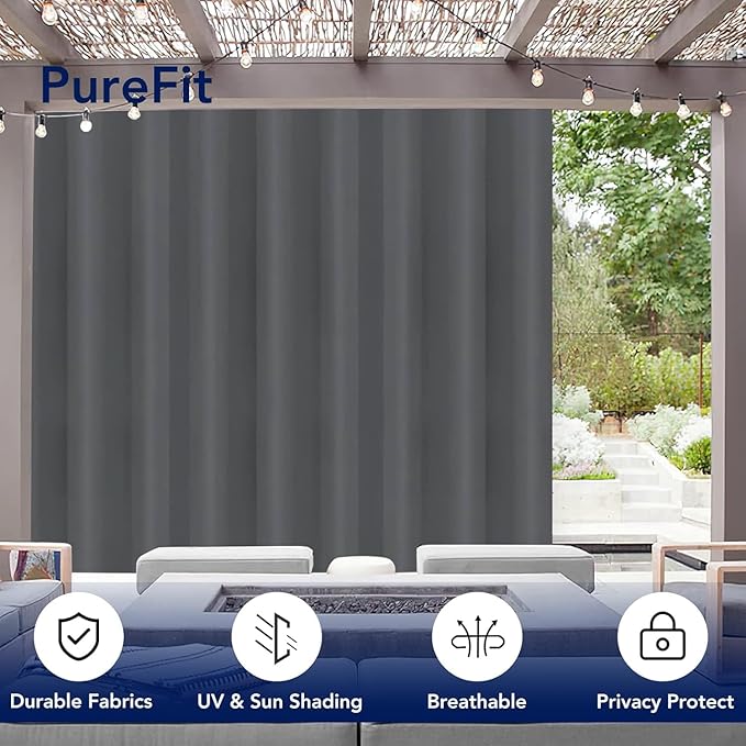 PureFit Outdoor Curtains for Patio Waterproof Weatherproof, UV Resistant Outside Curtains for Gazebo, Front Porch, Pergola, Sun Blocking Privacy Curtain, 120W x 95L inch, 1 Panel, Gray