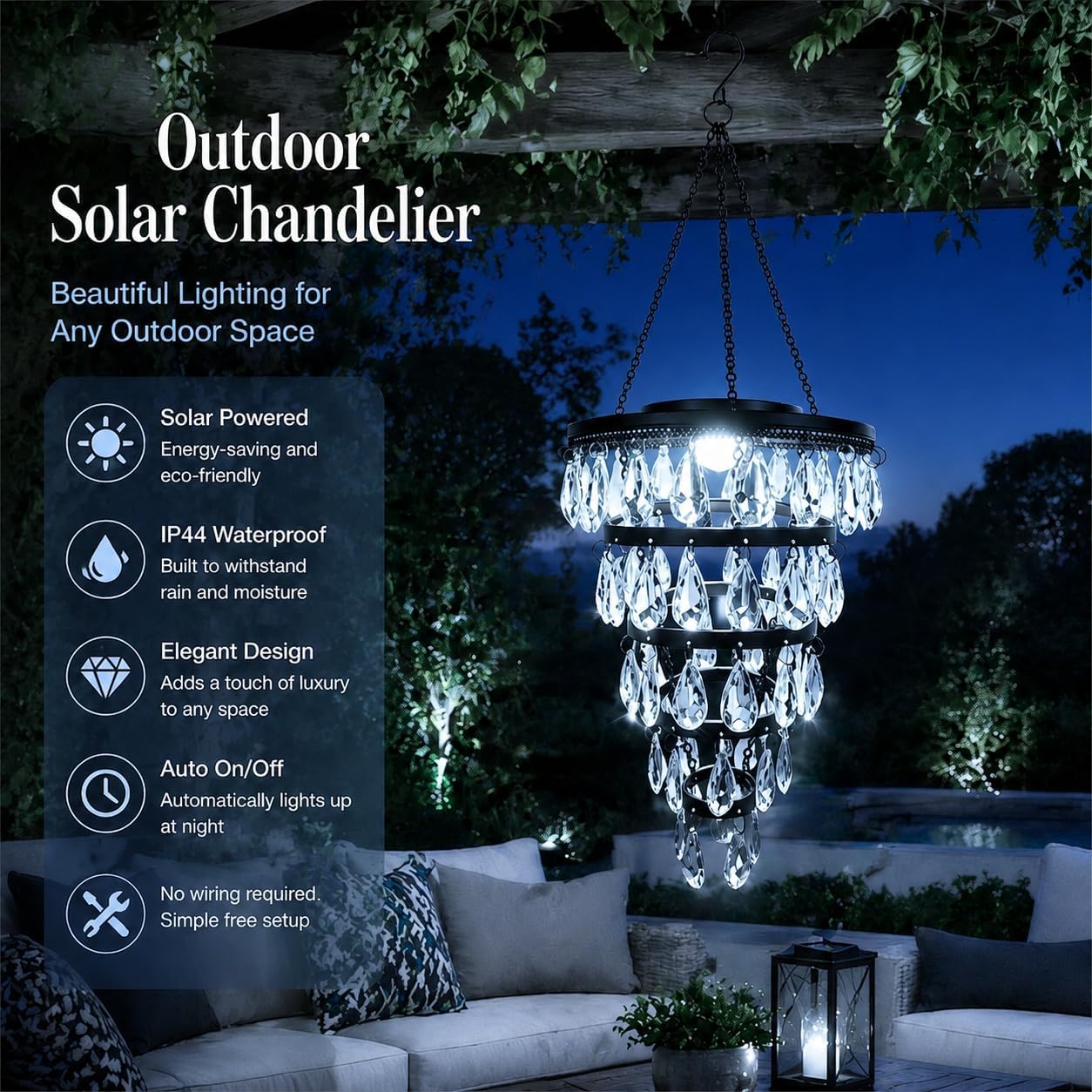 SUNNYPARK Hanging Solar Chandelier Light Outdoor Waterproof | Handcrafted with Teardrop Prisms, Solar Powered, Decorative Hanging Light for Patio, Porch, Gazebo Garden & Holiday