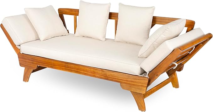 Merax Outdoor Patio Daybed Sofa,3-Seat Sofa with Foldable Arm 4 Back Pillows,Teak Acacia Wood Frame Beige Removable Cushion,Teak+ Beige