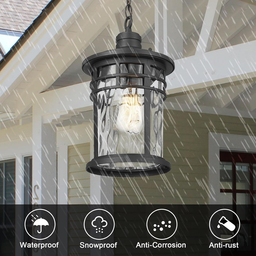 Darkaway Large Outdoor Pendant Lights for Porch, 15inch Outdoor Chandelier Hanging Porch Lights Outside Ceiling Mount Aluminum with Water Ripple Glass for Front Porch Gazebo Patio