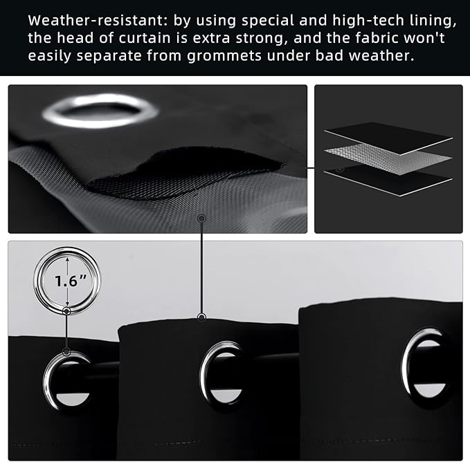 Outdoor Indoor Curtains W52 x L108 for Patio Weather-resistant Window Panels Privacy Protect Grommet Top Thermal Insulated Home Curtain for Porch Lawn Garden Hot Tub Area (Black, 2 Panels)