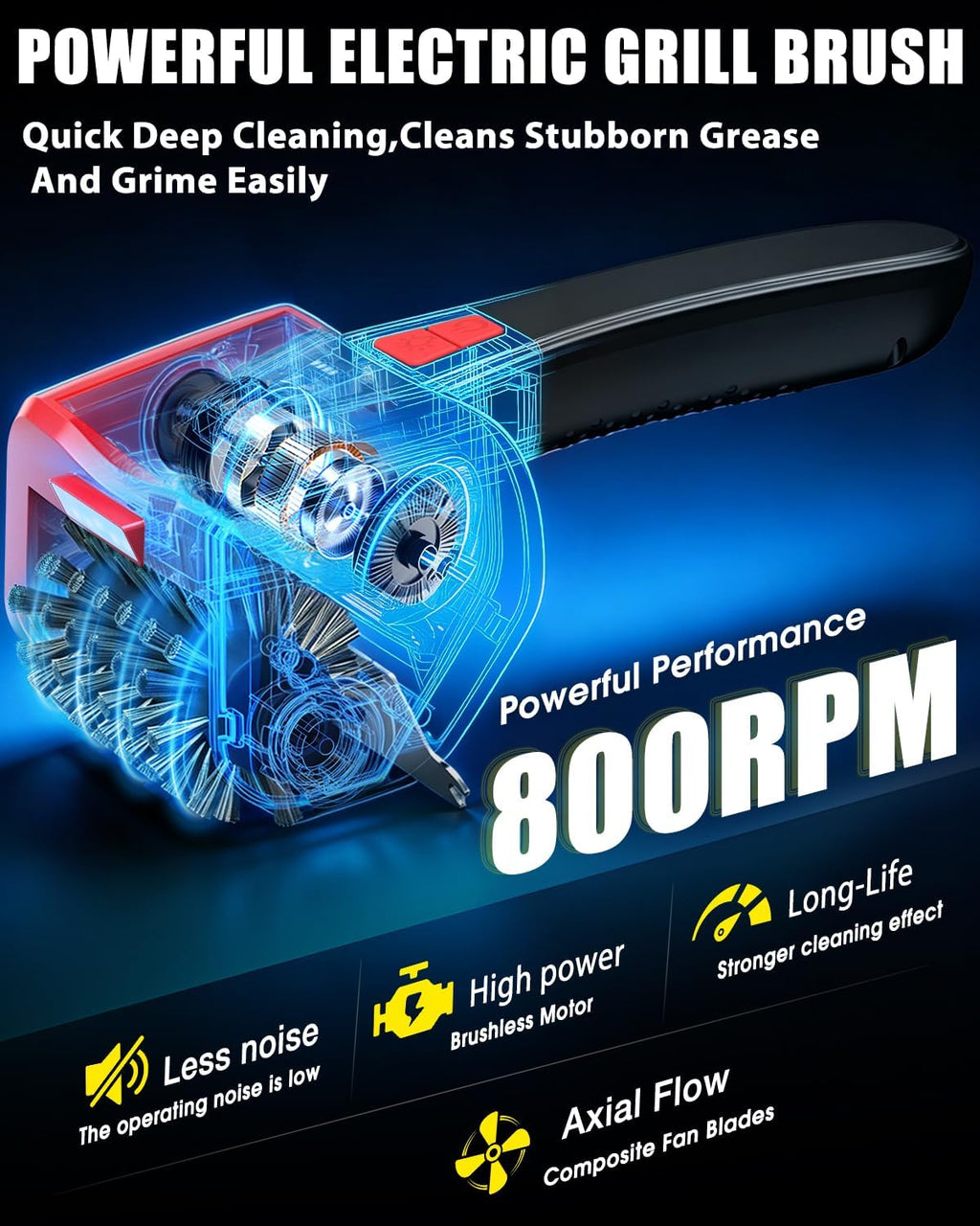 Electric BBQ Grill Brush, 800RPM Automatic Grill Cleaner for Outdoor Grill with 2-Speed & 20kg Torque–4500mAh Battery,LED Light for Night, No Bristle Drop Safe for Cast Iron Stainless,Gift for Men Dad