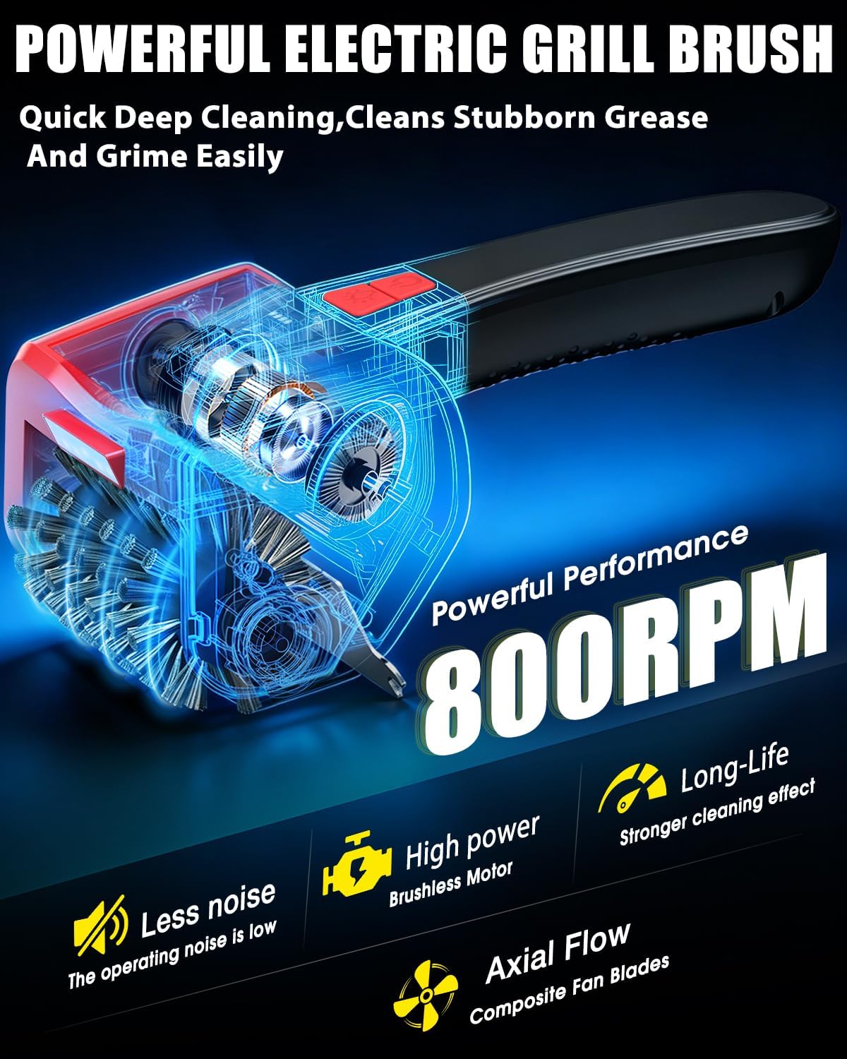Electric BBQ Grill Brush, 800RPM Automatic Grill Cleaner for Outdoor Grill with 2-Speed & 20kg Torque–4500mAh Battery,LED Light for Night, No Bristle Drop Safe for Cast Iron Stainless,Gift for Men Dad