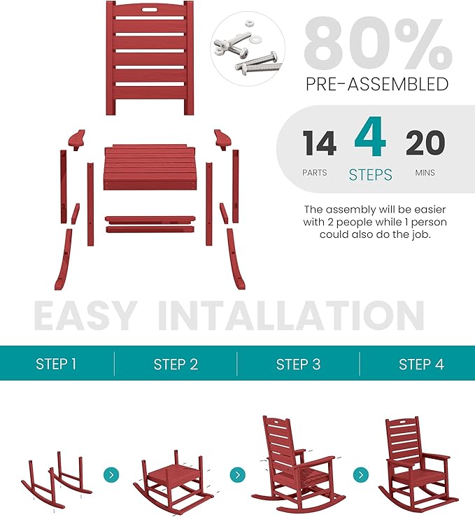 SERWALL Outdoor Rocking Chair Set of 4, Oversized HDPE Patio Rocking Chair with Footrest for Adults, All Weather Porch Rocker for Deck Patio Balcony, Red