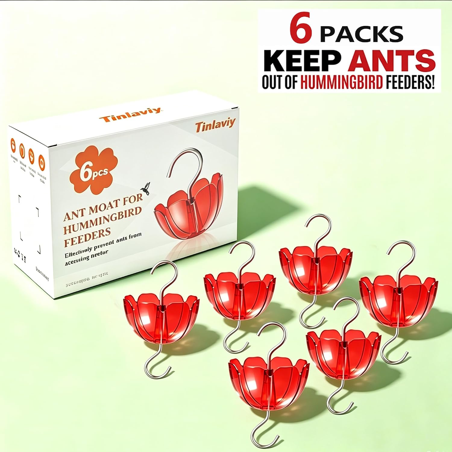 Ant Moat for Hummingbird Feeders, 6 Pack 4OZ | Heavy Duty Metal Hooks with Water Level Window, Bright Red Flower Design for Outdoor Hanging Bird Feeders