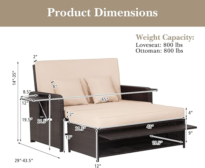 Nightcore Wicker Patio Outdoor Daybed, Outdoor Chaise Lounger w/ 4-Level Adjustable Backrest, Retractable Side Trays, Storage Ottoman, Comfortable & Removable Cushions, Rattan Loveseat (Beige)