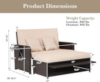 LDAILY Moccha Outdoor Daybed, Wicker Loveseat Sofa Set with 4-Postion Adjustable Backrest, Storage Ottoman, Cushions, Rattan Double Bed Lounger, Patio Furniture Set (Beige)