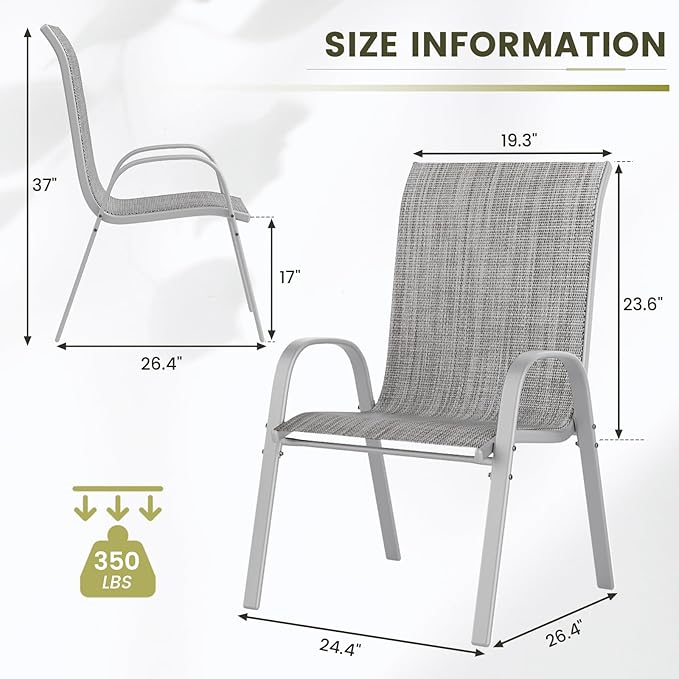UDPATIO Patio Chairs Set of 4, Stackable Silver Outdoor Dining Chairs with High Back, Breathable Outdoor Chair Textilene Fabric All Weather, 350LBS Capacity for Garden, Backyard (Light Grey)