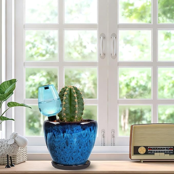 Ceramic Pots for Plant with Self Watering Globes, 8 inch Planters for Indoor Plants with Saucer, Glaze Flower Pots Outdoor with Drainage Holes, Decorative Garden Pots