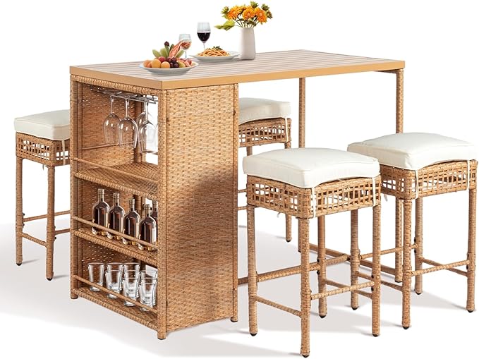Outvita 5-Piece Outdoor Bar Set, Wicker Rattan Bar Height Patio Set w/4 Cushion Bar Stools & Table with Hidden Storage, Outdoor High Top Table and Chairs Set for Backyard, Balcony, Garden and Poolside