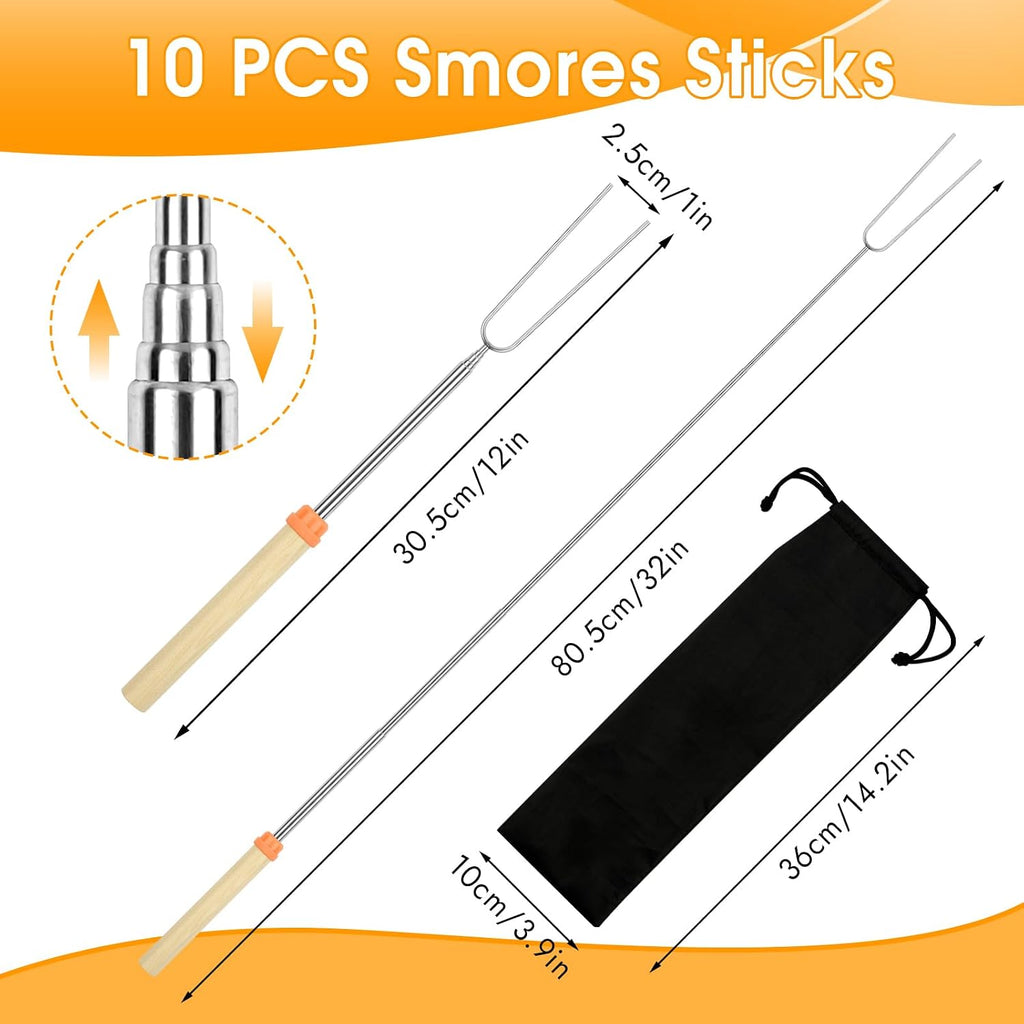 10 Pack Smores Sticks, 32 Inch Marshmallow Roasting Sticks for Fire Pit | Extendable Roasting Skewers with Bag. Hot Dog Fork. Smores Kit for Campfire Camping Essentials. 304 Stainless Steel.