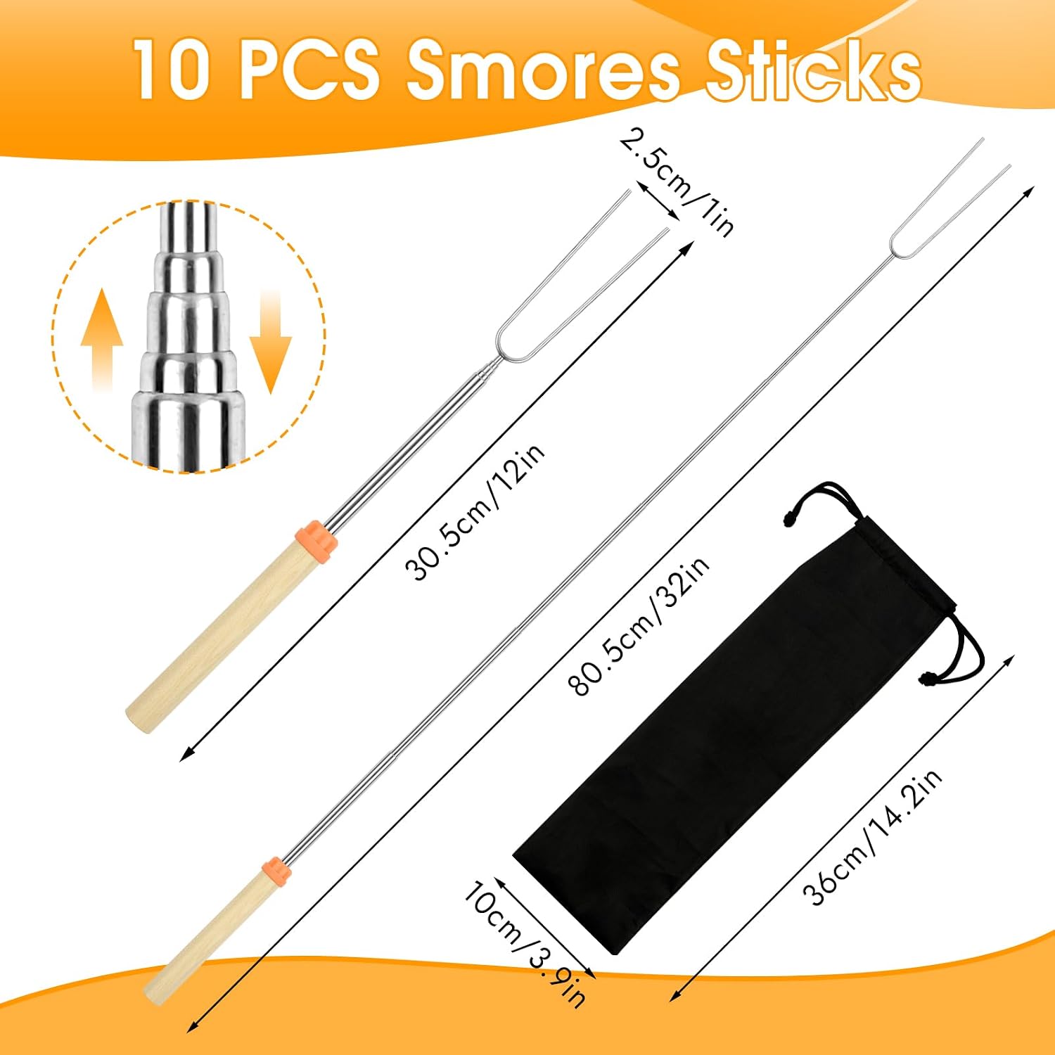 10 Pack Smores Sticks, 32 Inch Marshmallow Roasting Sticks for Fire Pit | Extendable Roasting Skewers with Bag. Hot Dog Fork. Smores Kit for Campfire Camping Essentials. 304 Stainless Steel.