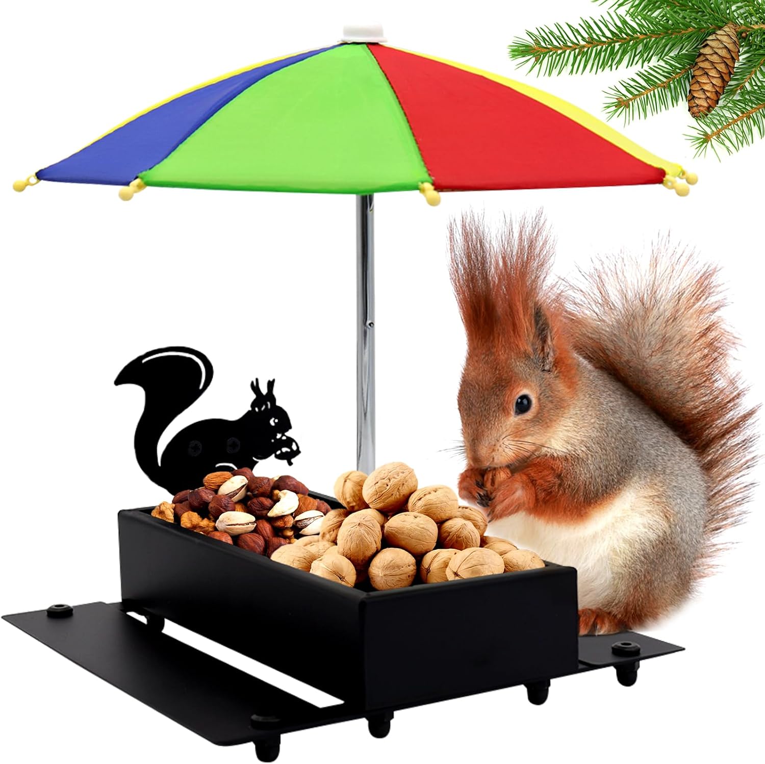 Squirrel Feeder with Umbrella Metal Squirrel Feeders for Outside Funny with Corn Cobs Durable Squirrel Picnic Table Feeder with Solid Structure Cute Chipmunk Feeder for Corn Peanuts