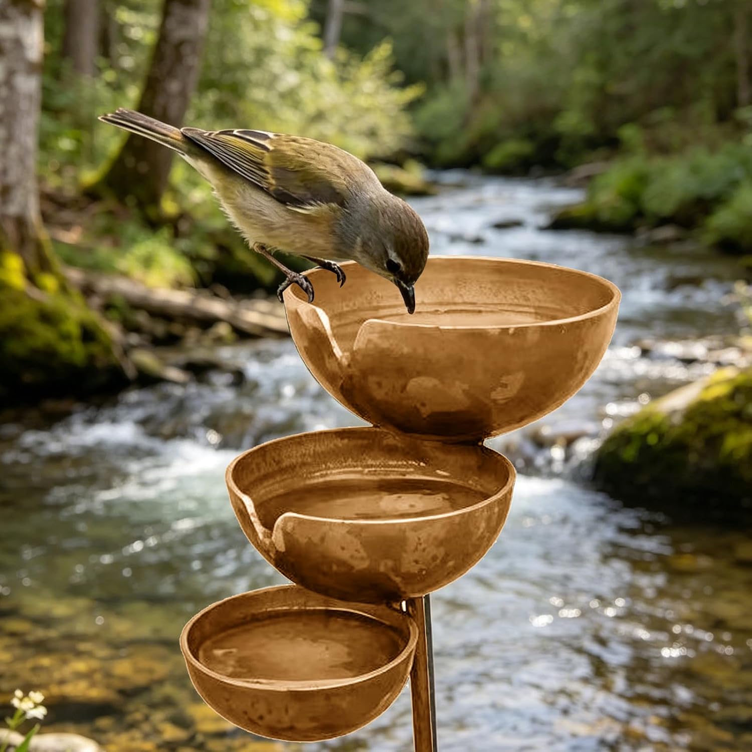 3-Tier Rain Catcher Garden Stake, Antique Bronze Metal Bird Bath & Feeder Bowls, Adjustable Height Cascading Water Station for Outdoor Yard, Lawn, Flower Bed Decor & Wildlife Pollinator Oasis
