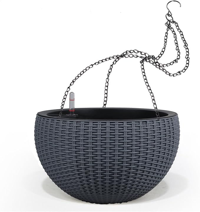 Dexceder 10.5 Inch Large Self Watering Hanging Planters Indoor Outdoor, Thickened Hanging Basket Flower Plant Pot with Water Level Indicator (Gray)