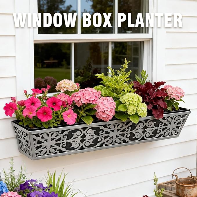2 Pack 30 Inch Window Boxes Planter for Outdoor Plants Deck Railing Planters Box with Adjustable Brackets for Porch Fence Balcony Hanging Flower Baskets with Non-Woven Fabric Liner for Garden Décor