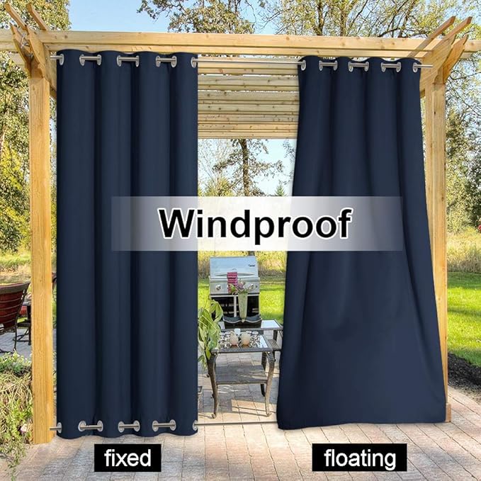 NICETOWN Navy Blue Outdoor Curtain for Patio Waterproof & Windproof Extra Wide, Rustproof Top and Bottom Grommet Blackout Thermal Insulated Indoor Outdoor Drape for Pergola, 1 PC, W100 x L84
