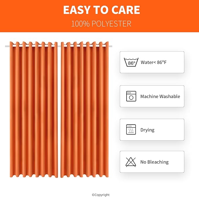 Waterproof Outdoor Curtain W105 x L108 - Grommet Top Sunlight Blocking Window Treatment Drapes Blackout Curtains for Home Bedroom Living Room Outdoor Patio Porch Pergola, Orange, 2 Panels