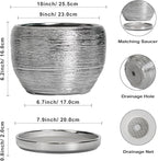 SQOWL Ceramic Pot for Plants - 10 Inch Planter Indoor, Round Large Planter Outdoor with Drainage Hole and Plant Saucer, Decorative Ceramic Flower Pot, Kitchen Decor, Housewarming Gifts, Silver