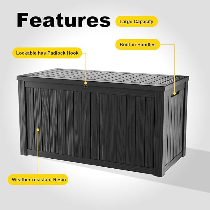 180 Gallon Outdoor Deck Box, Lockable Waterproof Outdoor Storage Boxes For Garden Tools,Indoor Cushions,Accessories Outside Storage Resin Weatherproof Container(Black)