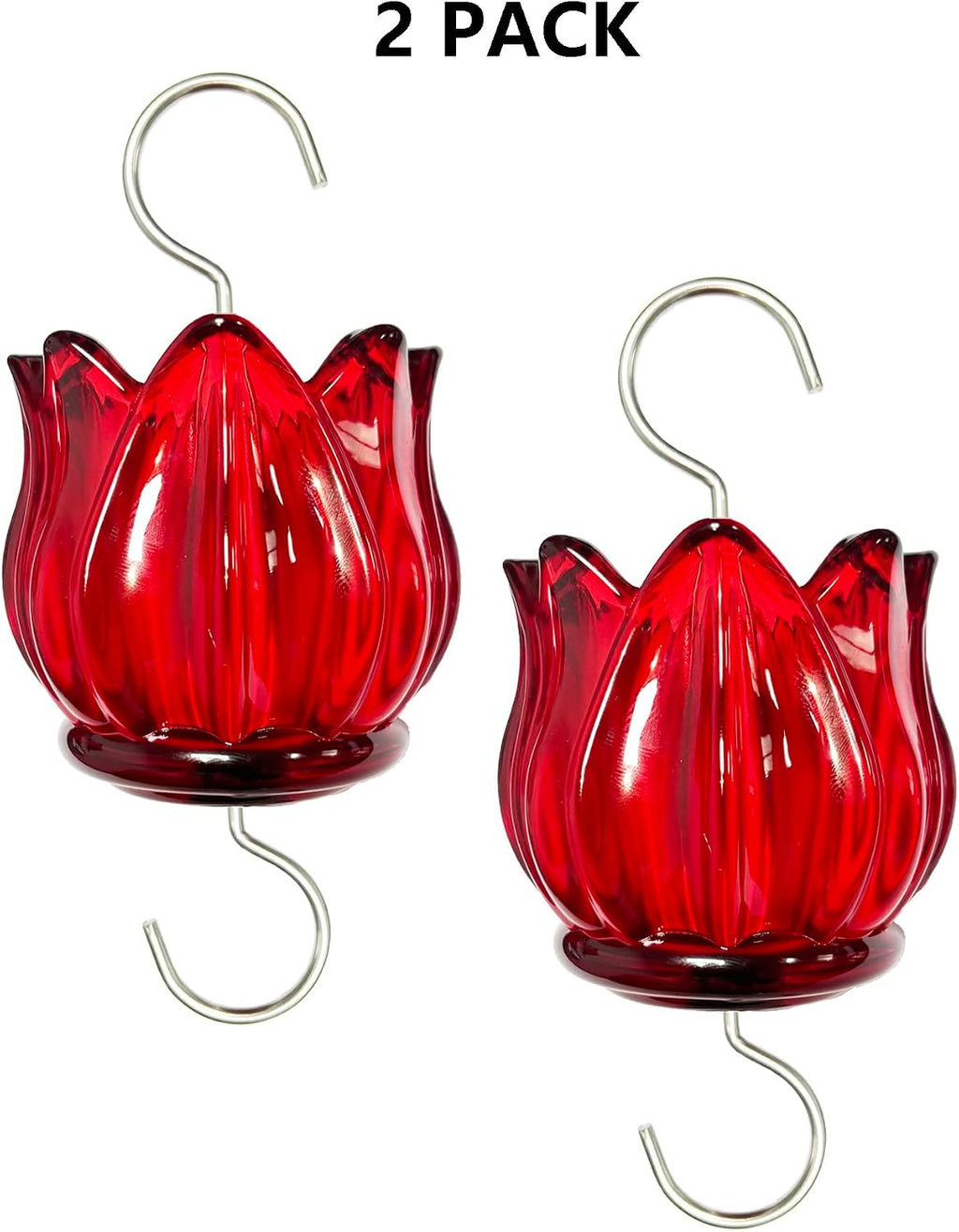 Real Glass Ant Moat for Hummingbird Feeders & Oriole Feeders Glass Tulip Shape Insect Guard with Large Capacity Flower Design Nectar Feeder Accessory Hooks (Red, 2 Pack)