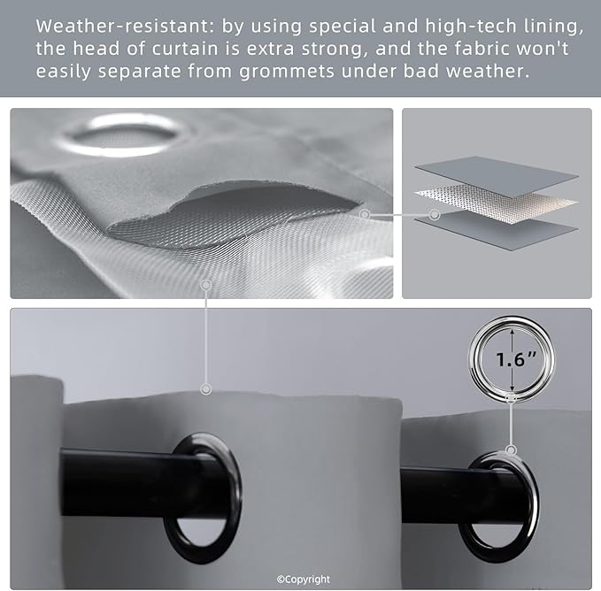 Waterproof Outdoor Curtain W105 x L84 - Grommet Top Sunlight Blocking Window Treatment Drapes Blackout Curtains for Home Bedroom Living Room Outdoor Patio Porch Gazebo (Light Gray, 2 Panels)