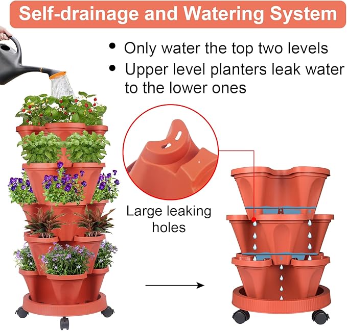 GameXcel Vertical Planter 5 Tier Stackable Planters Garden Planters Strawberry Herb Flower and Vegetable Planter Indoor Outdoor Gardening Pots with Removable Wheels and Tools 2-Pack