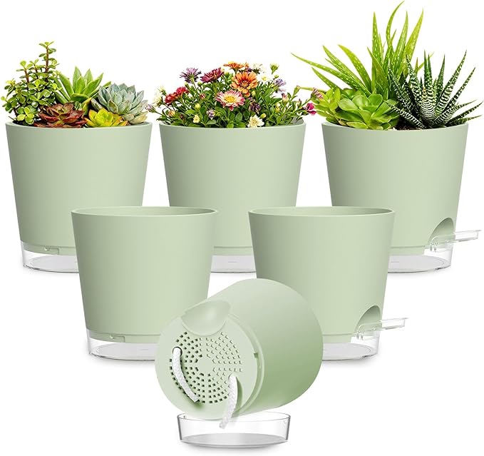 Plant Pots 6 Inch Self Watering Pots,6 Pack Plastic Planters with Drainage Holes and Clear Saucers,Plastic Flower Pots,Nursery Planting Pot for Indoor Out Door Plants (Green)
