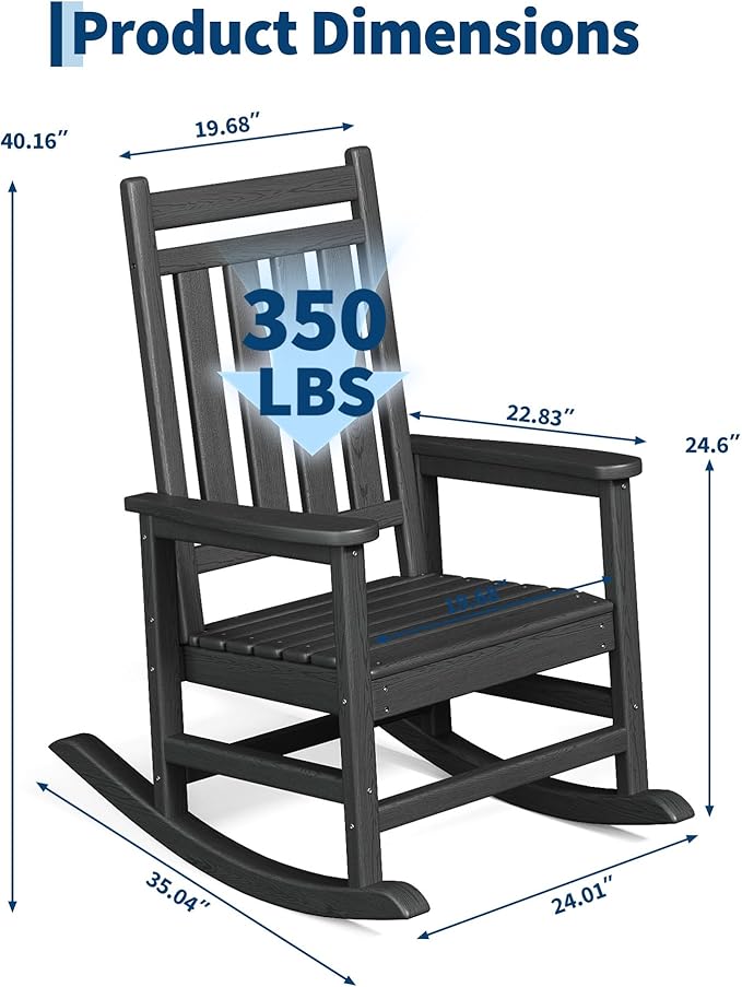 HDPE Rocking Chair Outdoor Set of 4 - Poly High Back Porch Rocker Chairs for Adults - All Weather Resistant Furniture for Patio Front Porch - Black