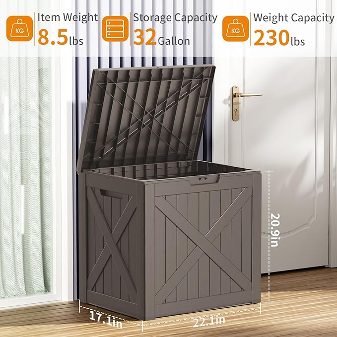32 Gallon Outdoor Deck Box, Lockable Waterproof Outdoor Storage Boxes For Garden Tools,Indoor Cushions,Accessories Outside Storage Resin Weatherproof Container(Grey)