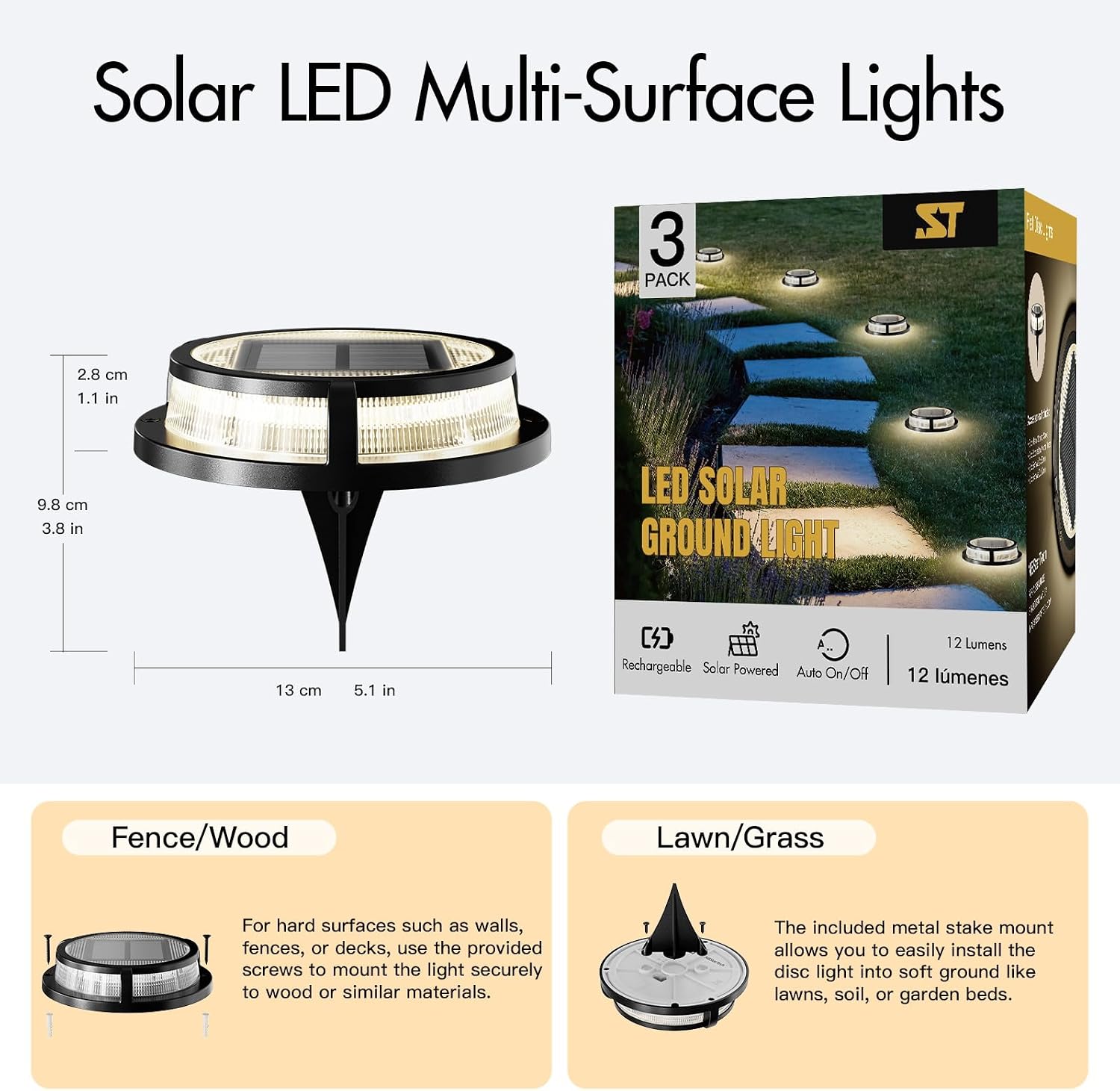 Solar Ground Lights, Outdoor Solar Deck Light, Flat Disc Lights, Waterproof Landscape Light for Garden Lawn Yard Fence Pathway - Durable Aluminum Frame with a Sturdy Metal Stake