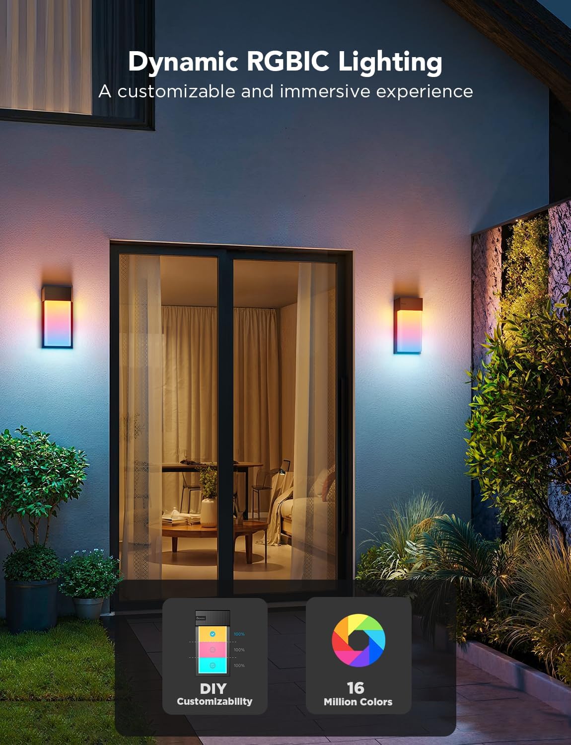 Govee Outdoor Wall Light,2 Pack,1500LM Smart RGBIC Porch Lights,IP65 | 45 Scene Modes,Waterproof Lights for Outdoor,Patio,Garage,DIY Wall Sconce Works with Alexa,Google Assistant and Matter