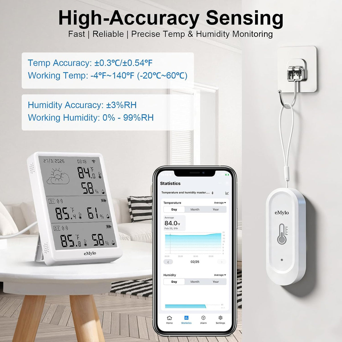 emylo wifi thermometer hygrometer with 2 ip65 remote on a desk or shelf