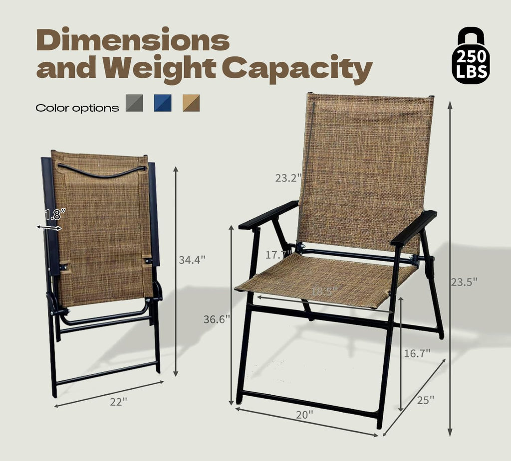 Patio Folding Chairs Set of 2, No Assembly Outdoor Dining Chair, Folding Lawn Chairs with Armrest, Only 8.7 Lbs, Lightweight & Portable for Porch Lawn Garden Pool Beach Yard Lounge, Brown