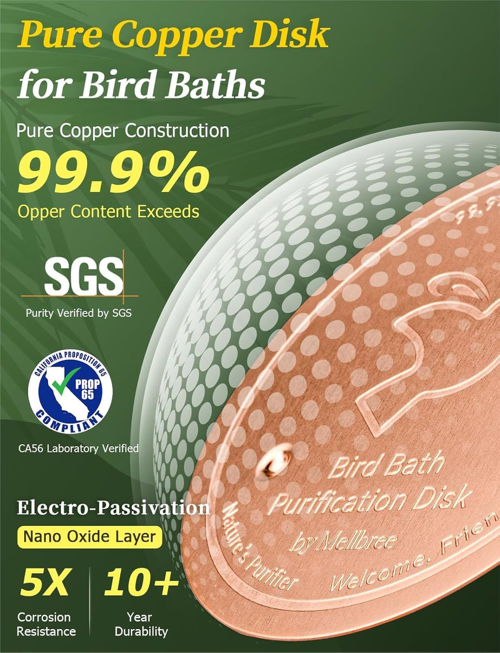 Mellbree Bird Bath Copper Disc, 0.6mm Reinforced 99.99% Pure Copper Cleaning Disk for Physical Safe Clean Water All-Season, Universal Fit for Outdoor Birdbaths, Bowl, Bird Bath Solar