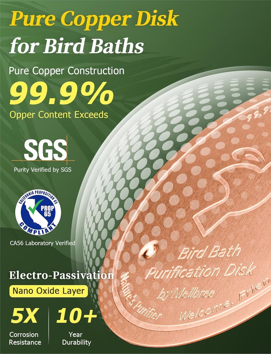 Mellbree Bird Bath Copper Disc, 0.6mm Reinforced 99.99% Pure Copper Cleaning Disk for Physical Safe Clean Water All-Season, Universal Fit for Outdoor Birdbaths, Bowl, Bird Bath Solar