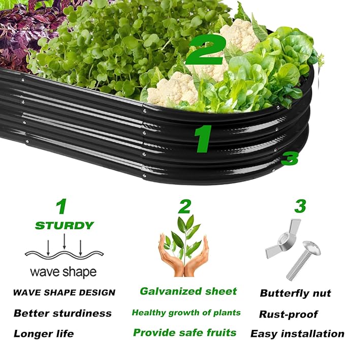 Raised Garden Bed Galvanized Planter Box Outdoor, Rot-Resistant Metal Garden Bed Planter for Vegetables Flower Herb (8ft, Black)