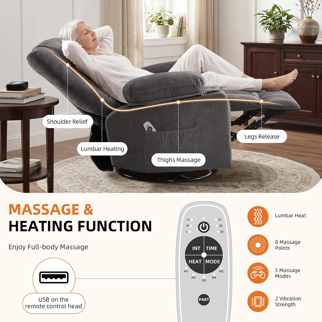 MAHOMICO Rocker Recliner Chair with Massage and Heat | Cup Holders,USB Charging Port,Side Storage Pockets,Soft Armrests,Single Sofa Recliner,for Living Room,Nursery,Bedroom,Grey
