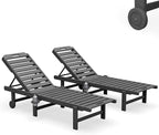 SERWALL Outdoor Chaise Lounge Set of 2, All-Weather HDPE Pool Lounge Chairs with 5-Position Adjustable Reclining Backrest, Rolling Wheels & Cup Holder for Poolside, Grey