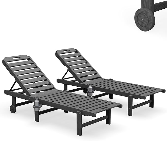SERWALL Outdoor Chaise Lounge Set of 2, All-Weather HDPE Pool Lounge Chairs with 5-Position Adjustable Reclining Backrest, Rolling Wheels & Cup Holder for Poolside, Grey