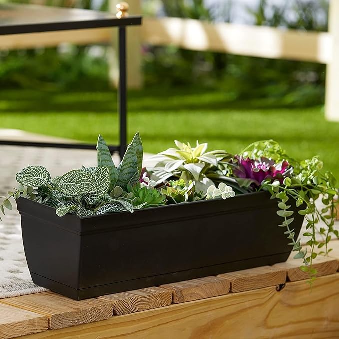 The HC Companies 24 Inch Eclipse Window Planter Box with Drainage Holes & Attached Saucer, Lightweight UV-Resistant Plastic Indoor Outdoor Planters, 2-Pack Flower Box for Garden Home Decor, Warm Gray