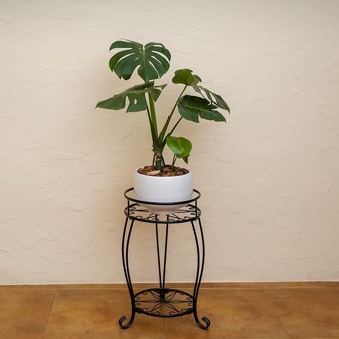 FaithLand Plant Stand, Heavy Duty Metal Planter Holder Indoor Outdoor, 2 Tier Round Potted Supports Rack, Corner Display Shelf Black