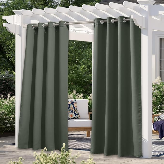 NICETOWN 2 Panels Greyish Green Outdoor Curtains for Patio Waterproof Set of 2, Rustproof Grommet Blackout Indoor Outdoor Drapes Thermal Window Treatments for Pergola/Porch, W52 x L84
