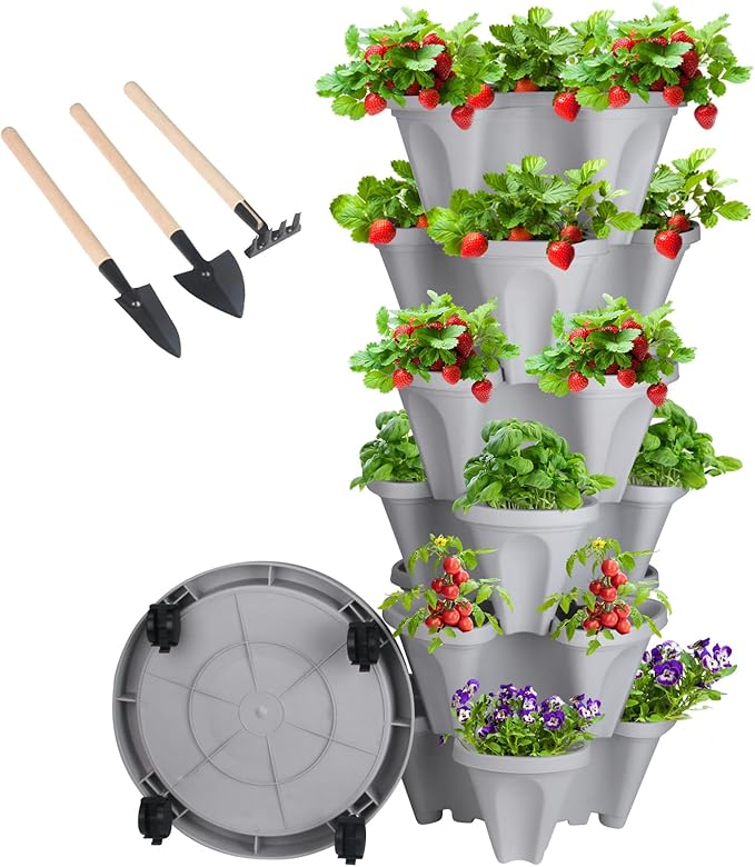 GameXcel Vertical Planter 6 Tier Stackable Planters Garden Planters Strawberry Herb Flower and Vegetable Planter Indoor Outdoor Gardening Pots with Removable Wheels and Tools