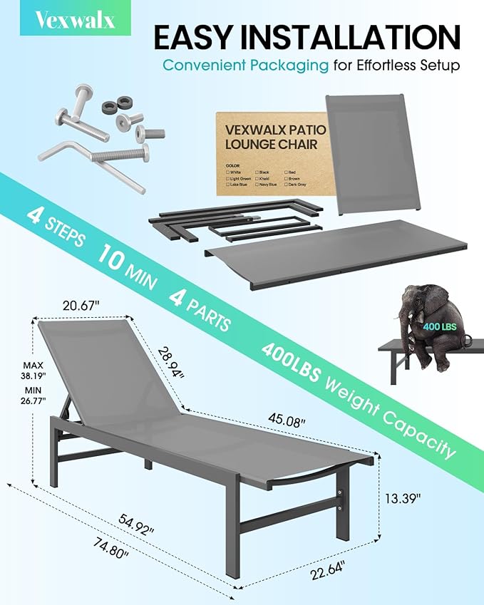 Outdoor Lounge Chairs Set of 2, Aluminum Patio Chaise Lounge Chairs with 5-Position Recliner, Pool Lounge Chairs for Backyard, Poolside, Deck, Lawn (Darkgray)
