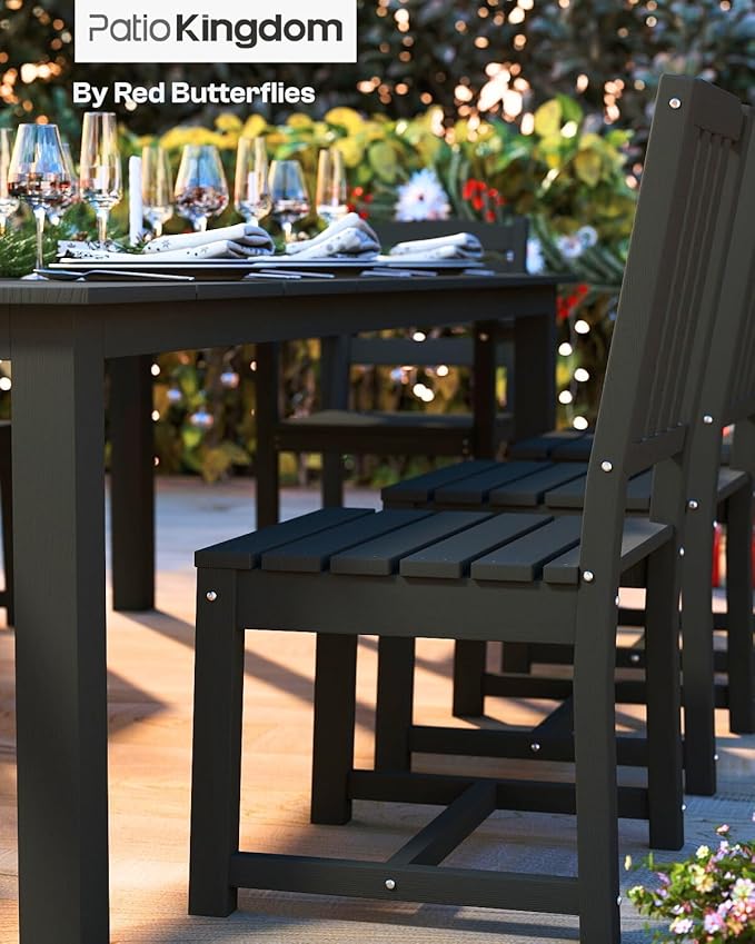 7-Piece Black Outdoor Dining Set for 6, 75.2'' HDPE Table with Umbrella Hole & Chairs, Weather-Resistant Patio Furniture for Garden, Lawn, or Poolside
