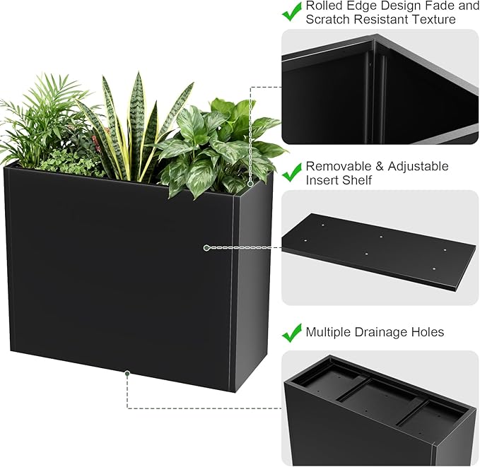 Metal Large Planter Box 38" L x 13" W x 30" H, Heavy Duty Tall Rectangle Outdoor Planter Box with Removable Insert Shelves for Porch, Garden, Patio, Yard (Black)